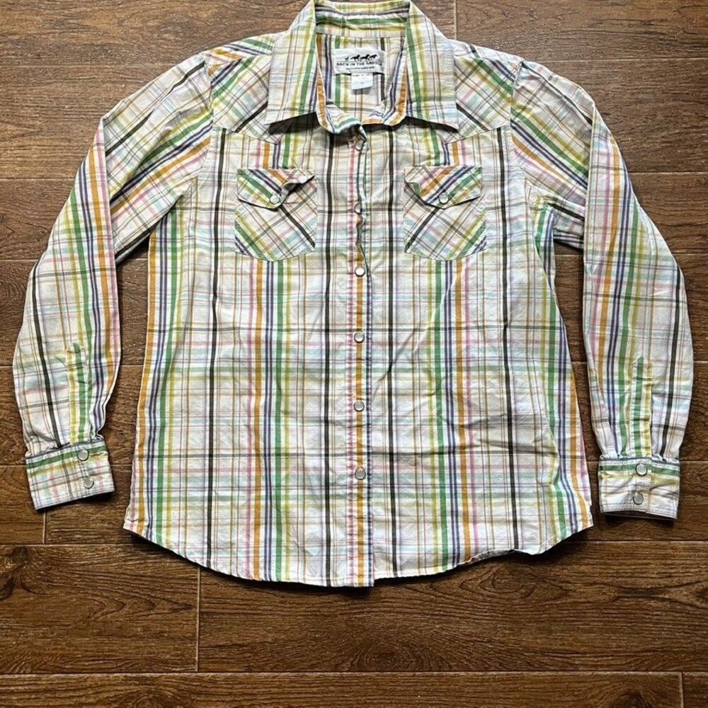 Western Shirt Womens Medium Plaid Orange Green Pearl Snap Ranch Wear Cotton